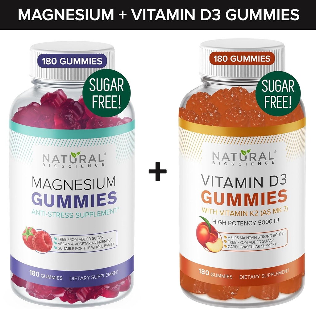 Sugar-Free Magnesium Gummies (180 Gummies) and Sugar-Free Vitamin D Gummies (180 Gummies) – Immune Support & Relaxation Value Bundle, Gelatin-Free, Gluten-Free, Vegan, All Natural, GMO-Free, Kosher 2