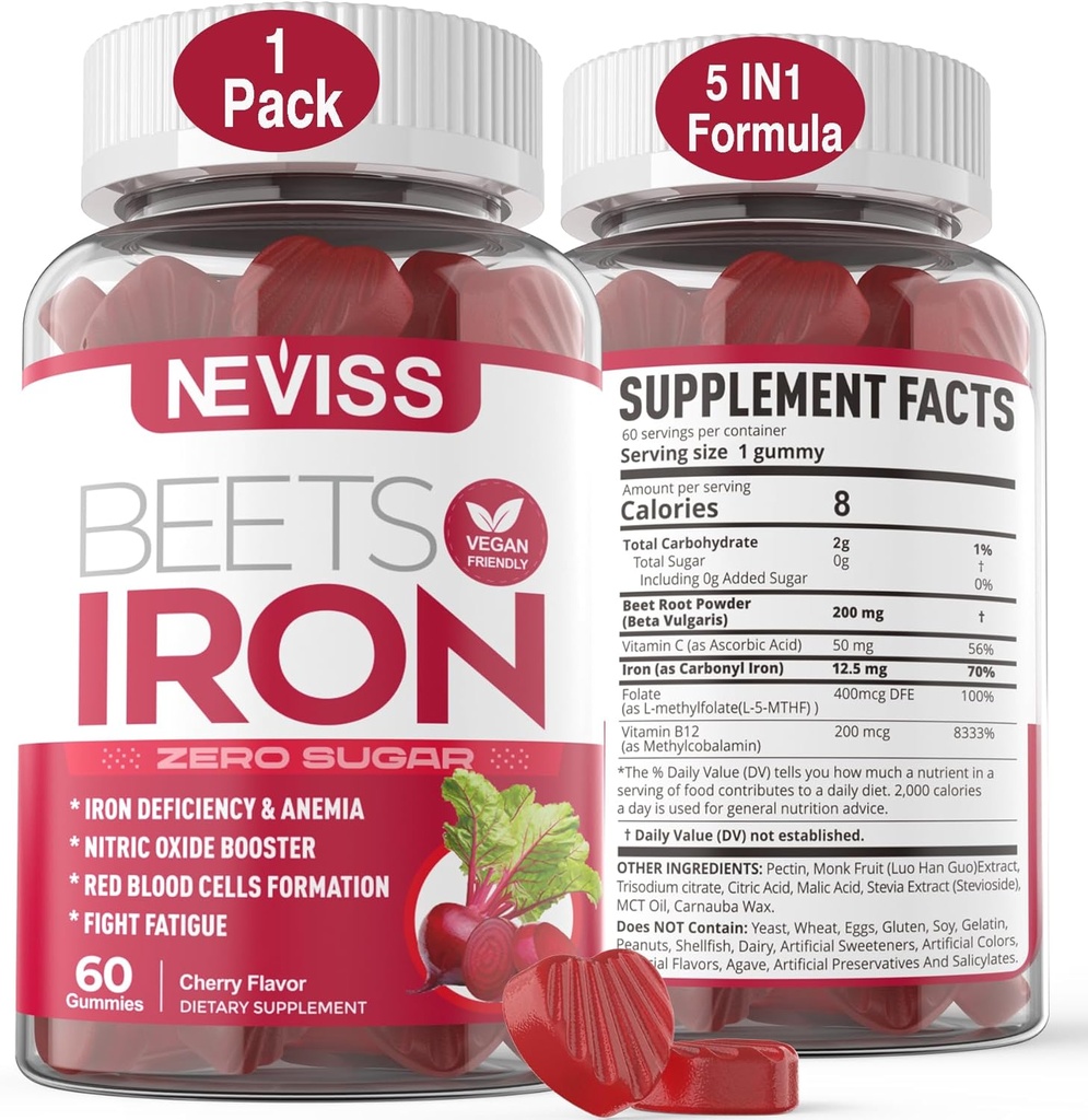 Beet Root Gummies with Iron, Methyl B12, Folate, Vitamin C - Increase Nitric Oxide & Iron Levels, Energy Support, Fight Fatigue, Beetroot & Gentle Iron Supplement, Sugar Free, 60 Counts 2