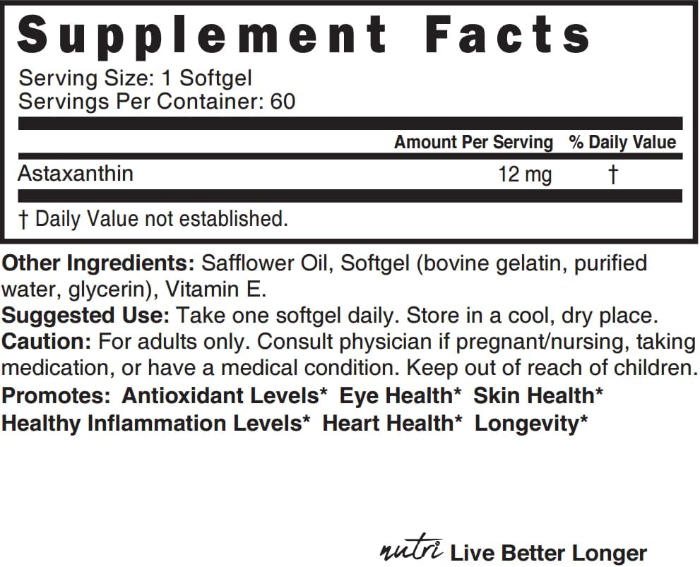 Nature's Fusions Nutri Astaxanthin 12mg Max Strength - Premium Supplements Grown in Hawaii - Powerful Antioxidant, Promotes Heart and Eye Health - 60 Softgels for Fast Absorption 5