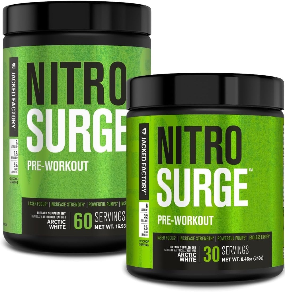 Jacked Factory NITROSURGE Pre Workout Supplement - Endless Energy, Instant Strength Gains, Clear Focus, Intense Pumps - NO Booster & Powerful Preworkout Energy Powder - 90 Servings, Arctic White 2
