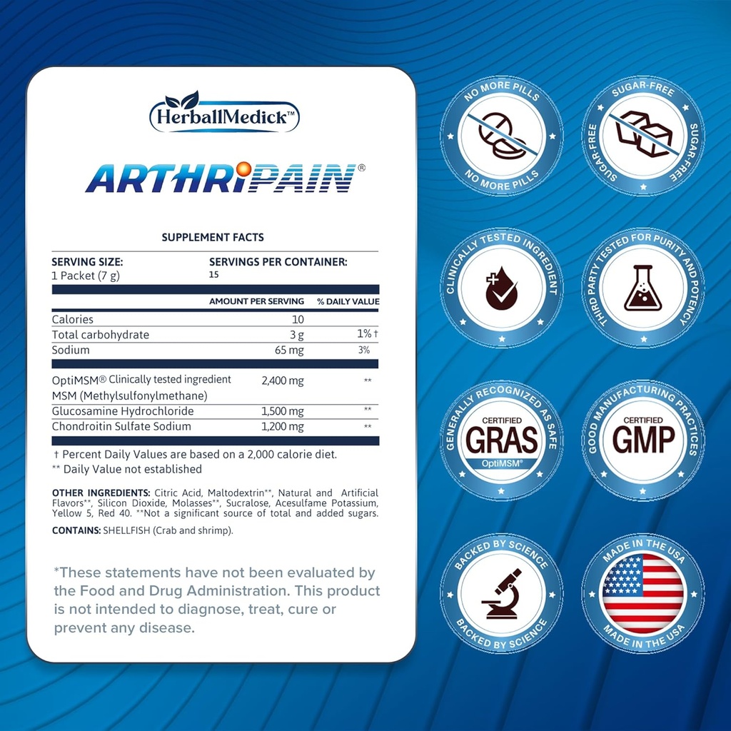 Arthripain – Joint Support Cartilage Repair Supplement – Clinically Tested Joint Juice - Ligament Relief Support – Glucosamine Chondroitin MSM – Swollen Knee Treatment –Sugar-Free – Made in US - 15ct 3