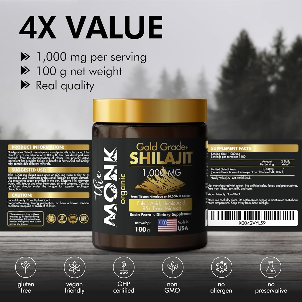 Organic Himalayan Shilajit Resin with Fulvic Acid, Humic Acid, 85+ Minerals- Gold Grade Plus - 100g, 1000 mg Per Serving - Energy, Stamina, Brain Support - Made in The USA 4
