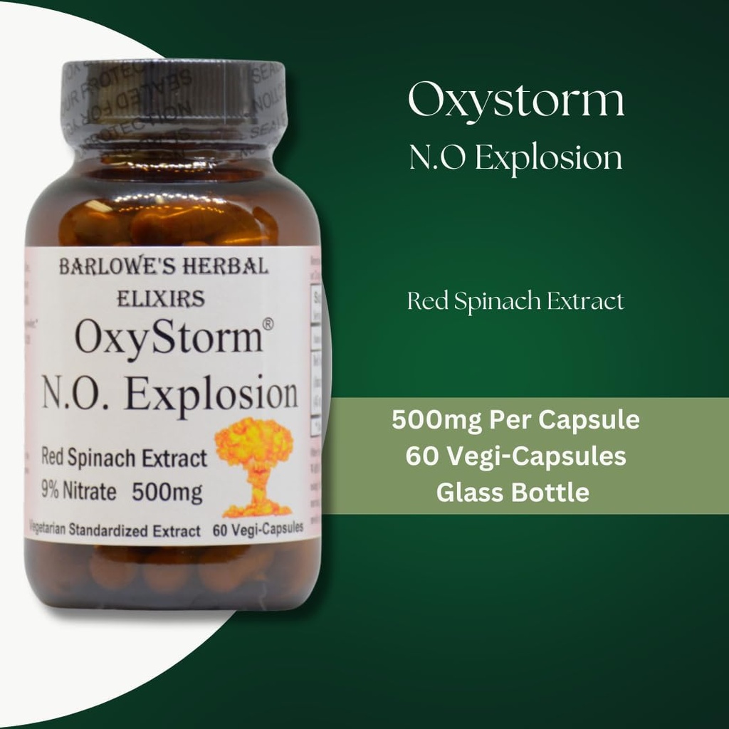 Barlowe's Herbal Elixirs OXYSTORM® N.O. Explosion | Red Spinach Extract 9% | Natural Nitric Oxide Booster | 500mg Per Capsule | 60 Vegan Capsules | No Oxalates, Stearate-Free, Glass Bottled 5