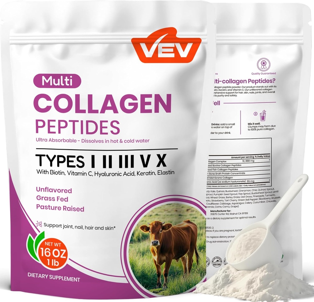 VEV Multi Collagen Peptides Powder, 16 oz (41 Servings) – Type I, II, III, V, X, Hydrolyzed Collagen, Hyaluronic Acid Power, Biotin, Vitamin C, Supports Skin, Unflavored, Dissolves Easily 2