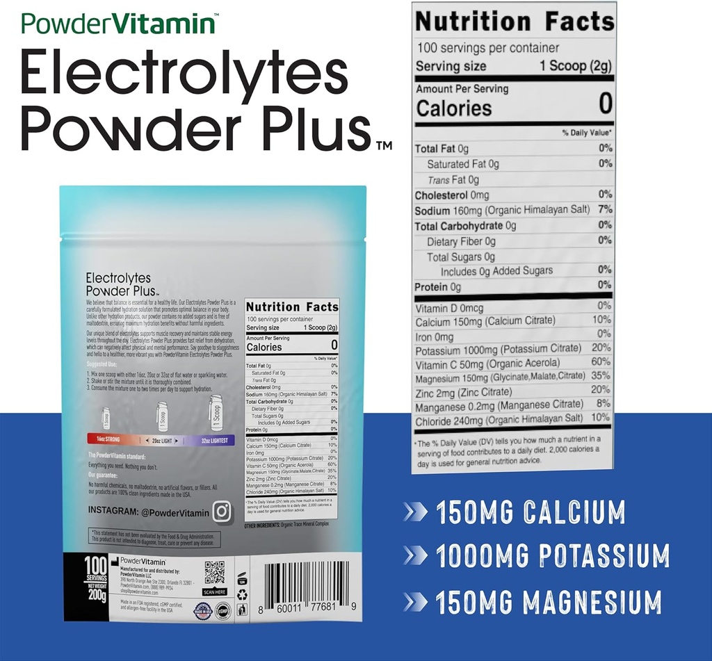 PowerVitamin Unflavored Electrolytes Powder No Sugar for Daily Energy - Keto Electrolytes - Hydration Powder with 1000mg Potassium, 120mg Calcium, Magnesium, No Stevia, 100 Servings 3