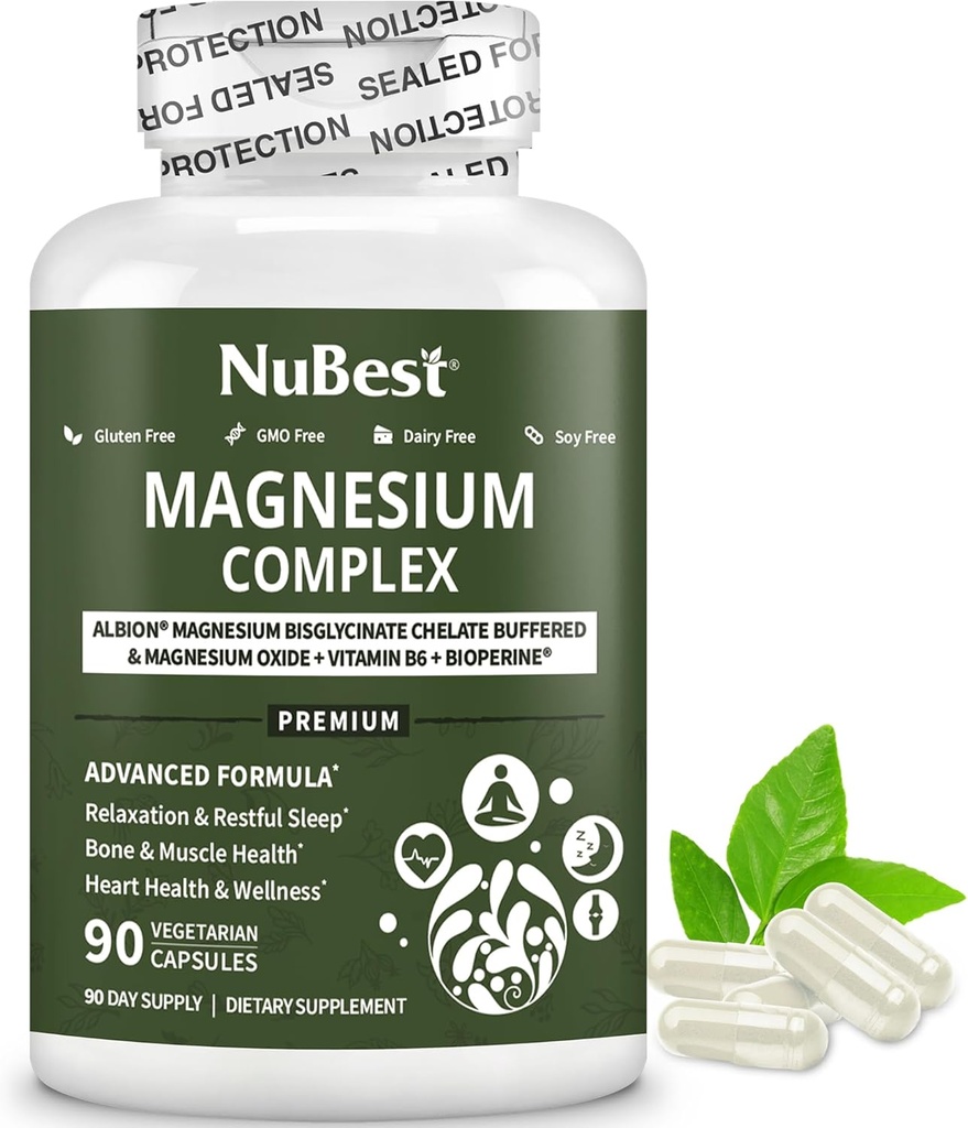 Magnesium Glycinate Chelate Complex with Albion Magnesium Bisglycinate Chelate, Vitamin B6 & BioPerine for Bone, Muscle, Natural Sleep, Nerve Function, Brain Booster | 1 Month Supply 2