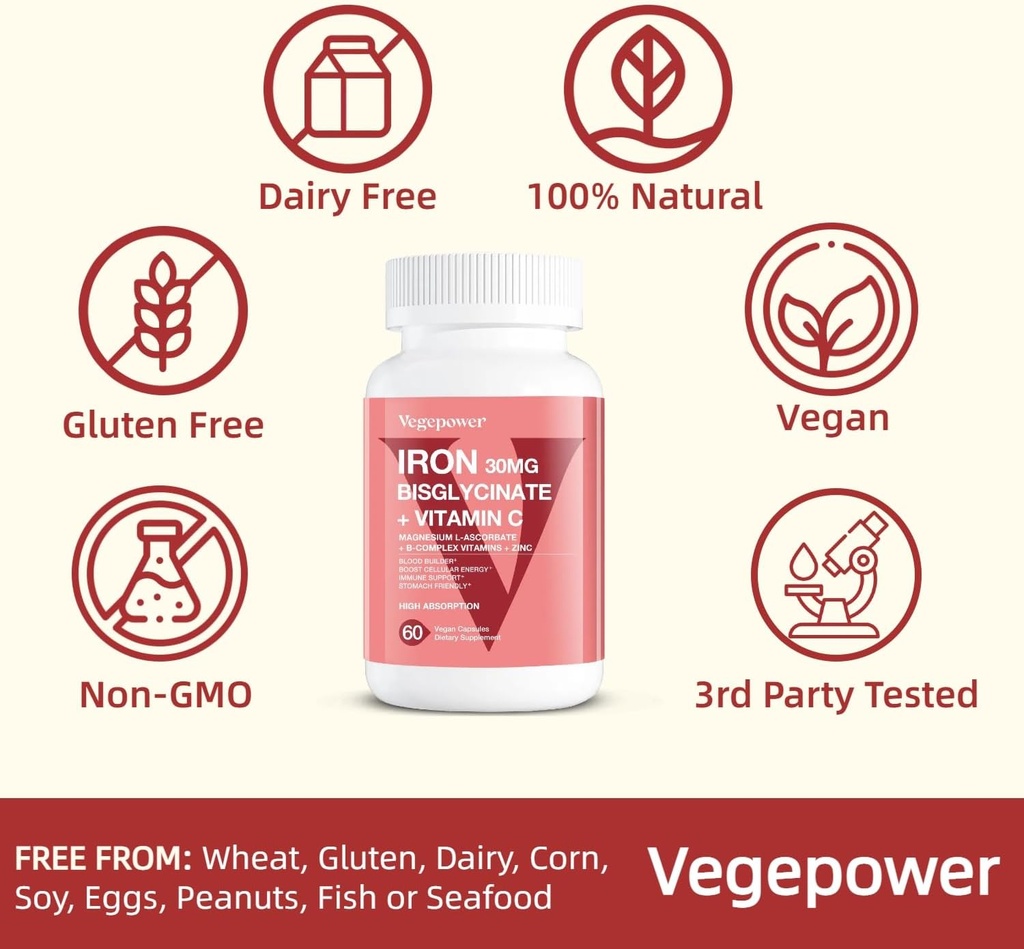 Iron Bisglycinate, 30mg Vegan Iron Supplement for Women & Men, Chelated with Vitamin C, B12, Folic Acid - Iron Pills for Anemia, High Absorption, Gluten-Free, Non-GMO - 60 Capsules 5