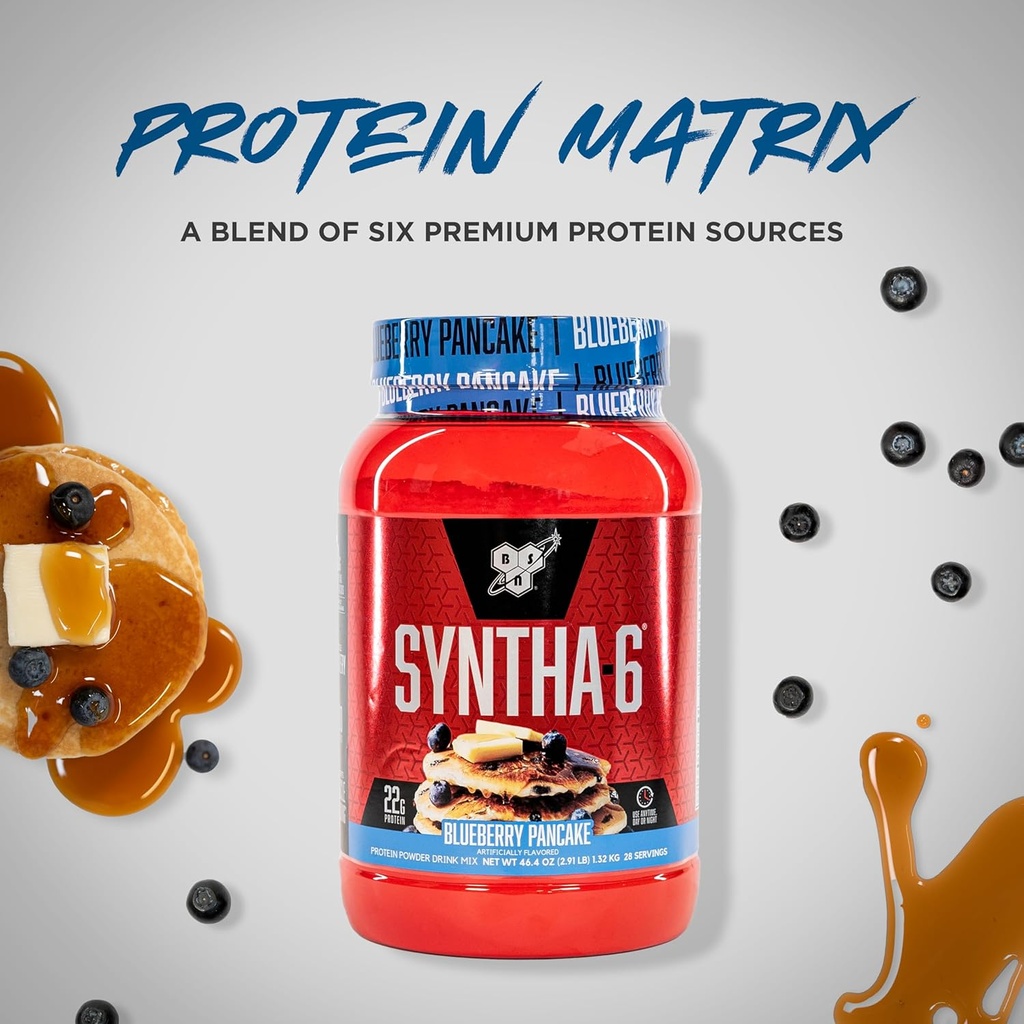 BSN SYNTHA-6 Premium Protein Powder with 6g of Fiber, Whey Protein, Micellar Casein, Milk Protein Isolate Blend, 5g Fat, Blueberry Pancake, 28 Servings (Packaging May Vary) 6