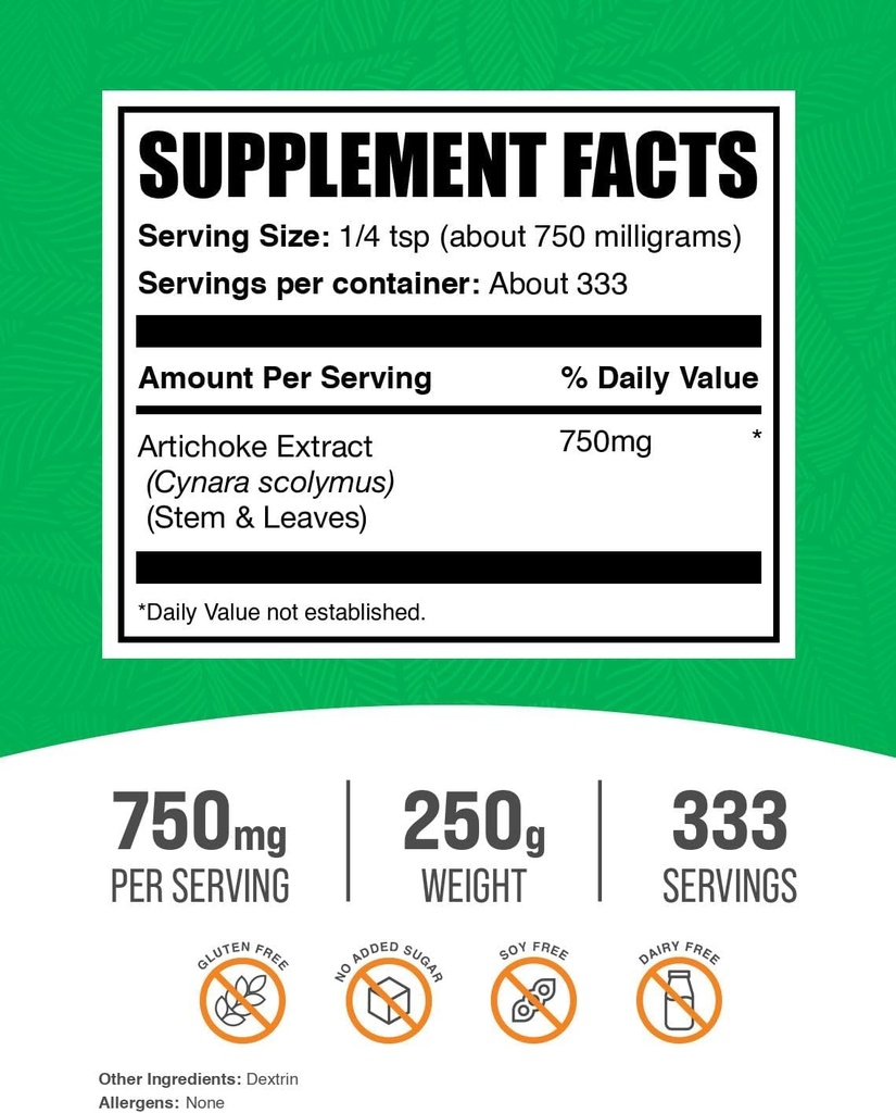 BulkSupplements.com Artichoke Extract Powder - Herbal Supplement, Artichoke Supplement - Vegan & Gluten Free, 750mg per Serving, 250g (8.8 oz) (Pack of 1) 3
