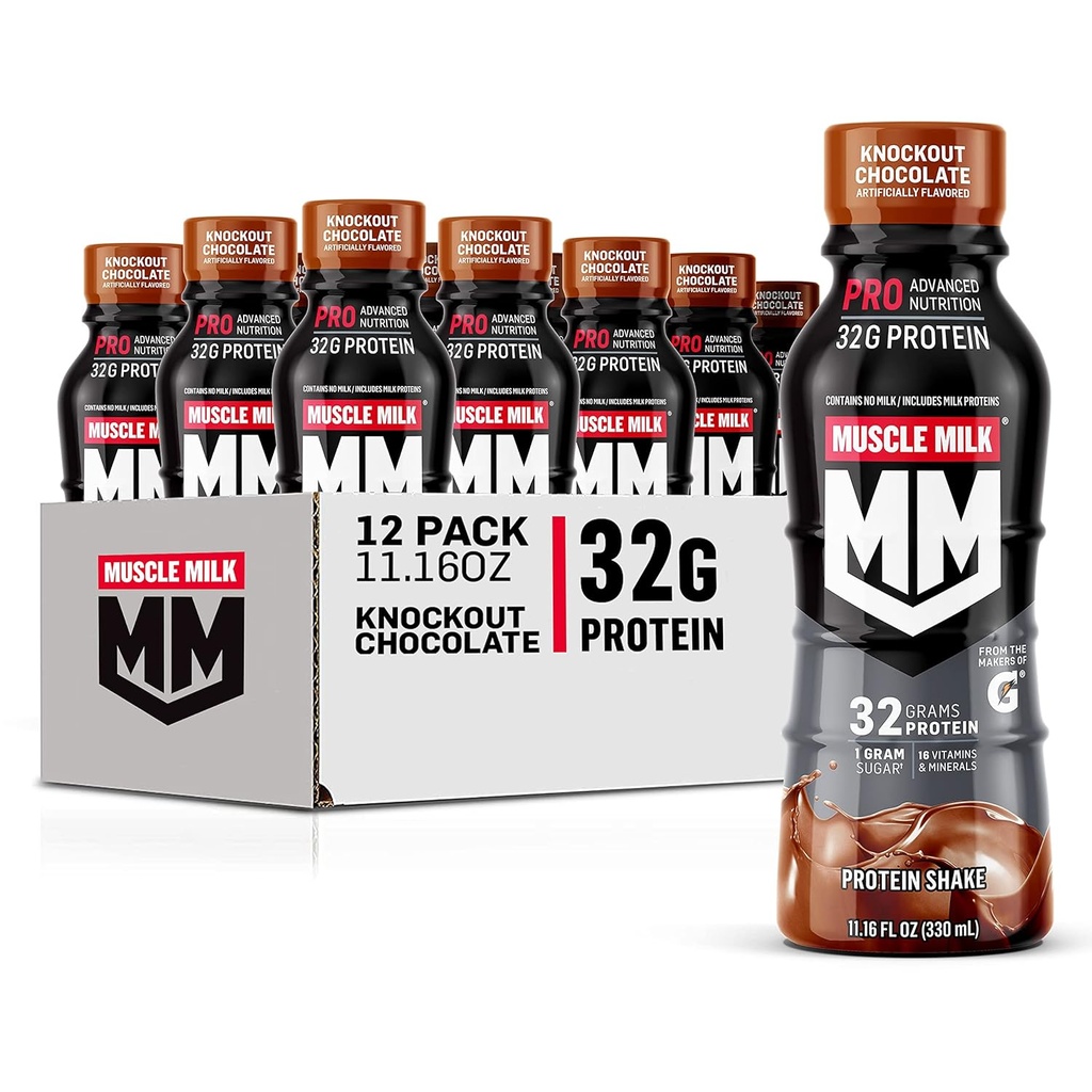 Muscle Milk Pro Advanced Nutrition Protein Shake, Knockout Chocolate, 11.16 Fl Oz (Pack of 12), 32g Protein, 1g Sugar, 16 Vitamins & Minerals, 5g Fiber, Workout Recovery, Energizing Snack, Packaging May Vary 2