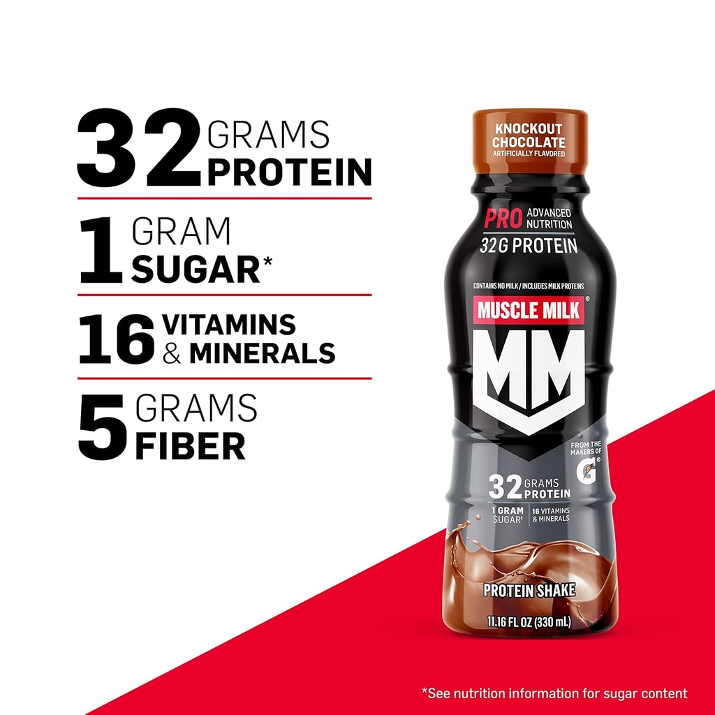 Muscle Milk Pro Advanced Nutrition Protein Shake, Knockout Chocolate, 11.16 Fl Oz (Pack of 12), 32g Protein, 1g Sugar, 16 Vitamins & Minerals, 5g Fiber, Workout Recovery, Energizing Snack, Packaging May Vary 4