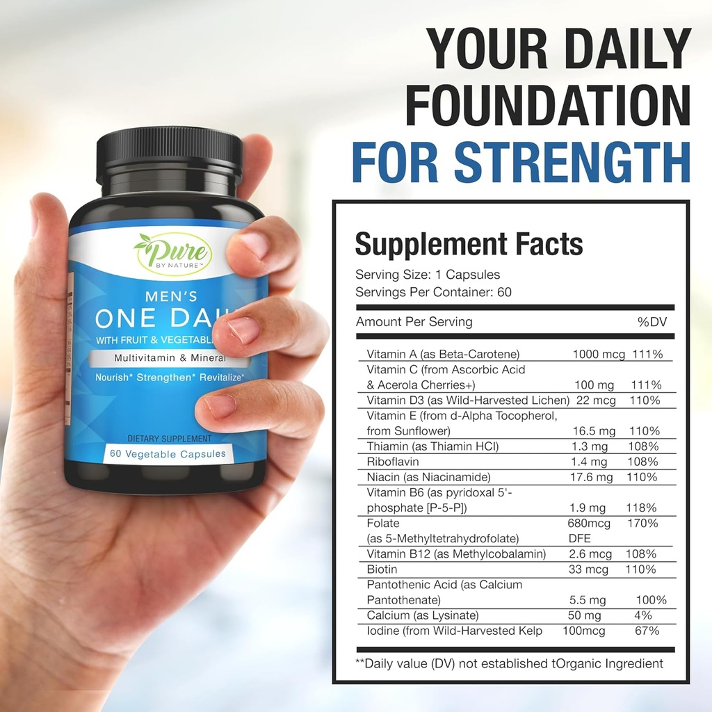 Pure By Nature One-Daily Multivitamin for Men, Immune Support Supplement with Non-GMO Ingredient, Vitamin & Minerals for Energy, 60 Veggie Capsules 6