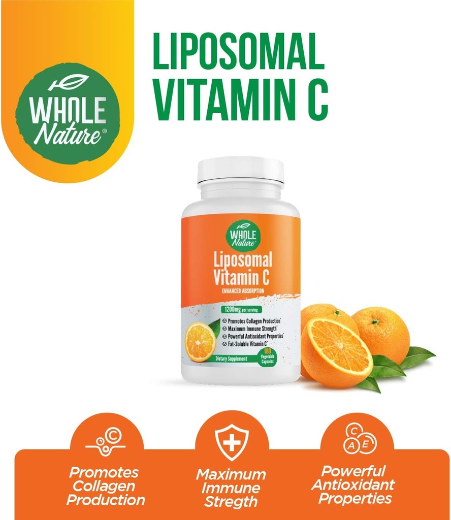 Liposomal Vitamin C Supplement Pills 1200 mg - High Absorption 180 Vegan Capsules Fat Soluble VIT C, Maximum Strength Immune System and Collagen Booster, Sunflower Lecithin 5
