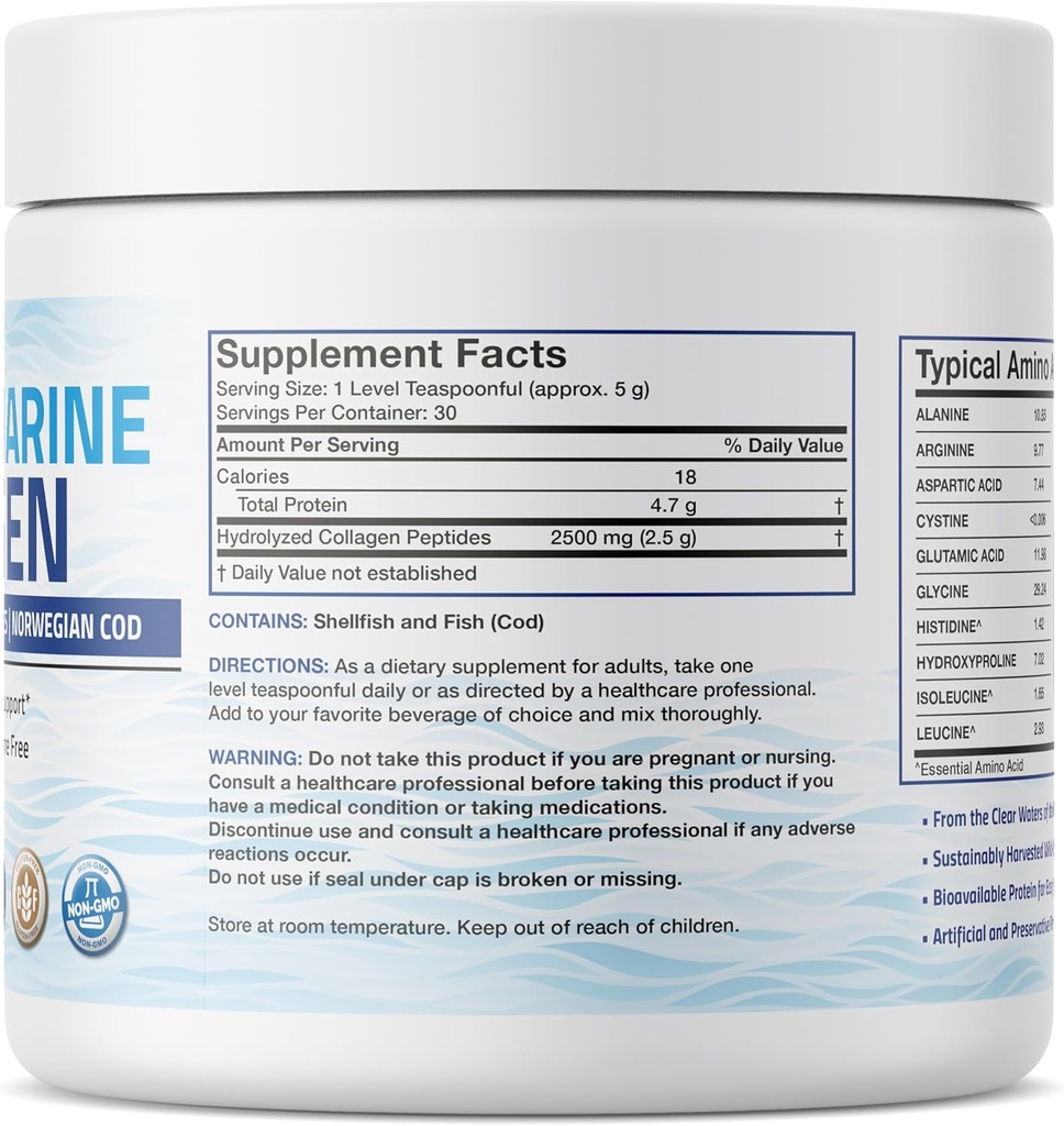 Bronson Marine Collagen Peptides Hydrolyzed Protein Powder 100% Wild Caught Nordic Cod Verified Sustainable Source for Joints Skin Hair Nails & Bones 150g (5.29oz) 3