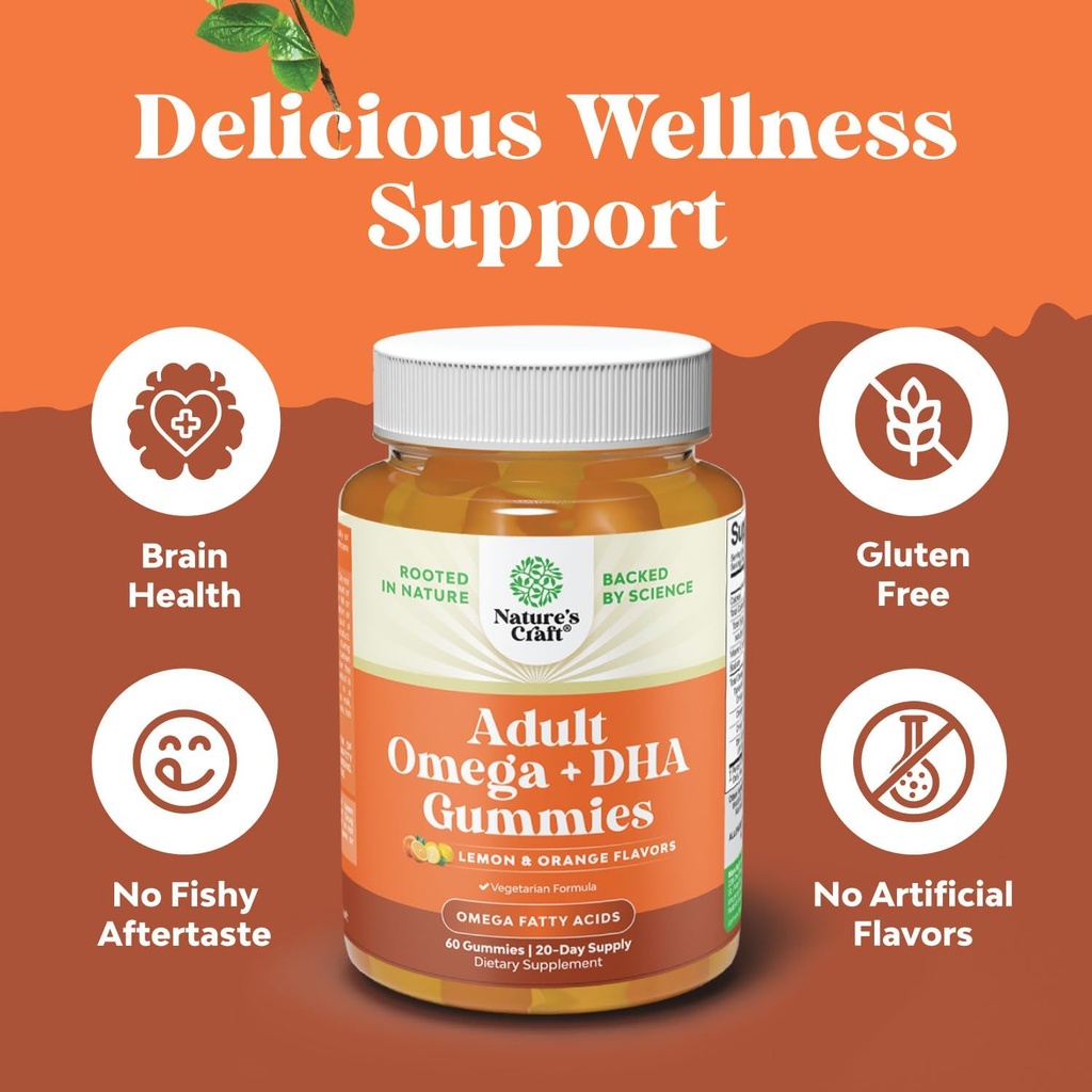 Vegetarian Omega 3 Gummies for Adults - Vegetarian Omega 3 6 9 DHA Gummies for Brain Bone and Heart Health and Joint Support - Burpless Halal Fish Free Plant Based Supplement Men Women 5