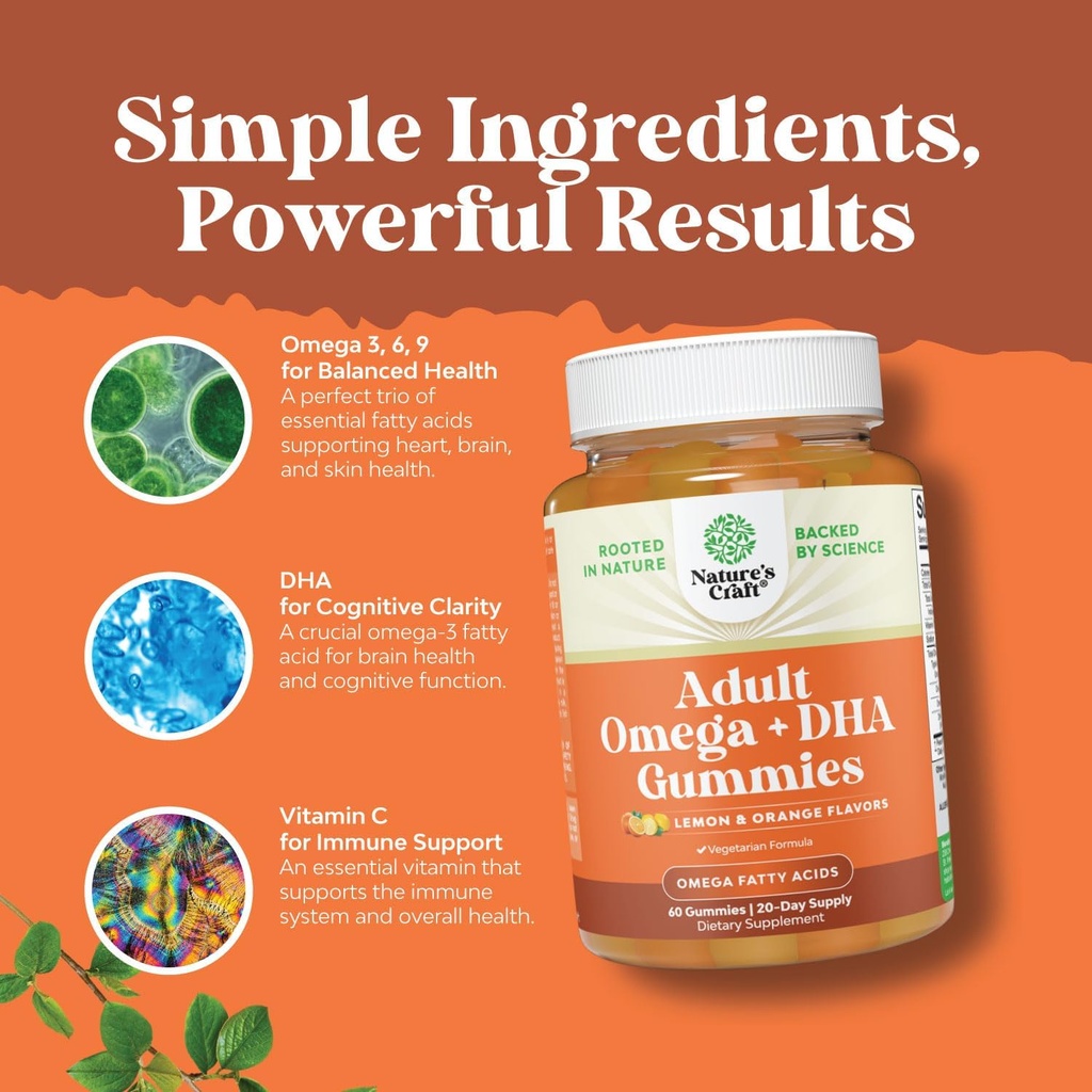 Vegetarian Omega 3 Gummies for Adults - Vegetarian Omega 3 6 9 DHA Gummies for Brain Bone and Heart Health and Joint Support - Burpless Halal Fish Free Plant Based Supplement Men Women 6