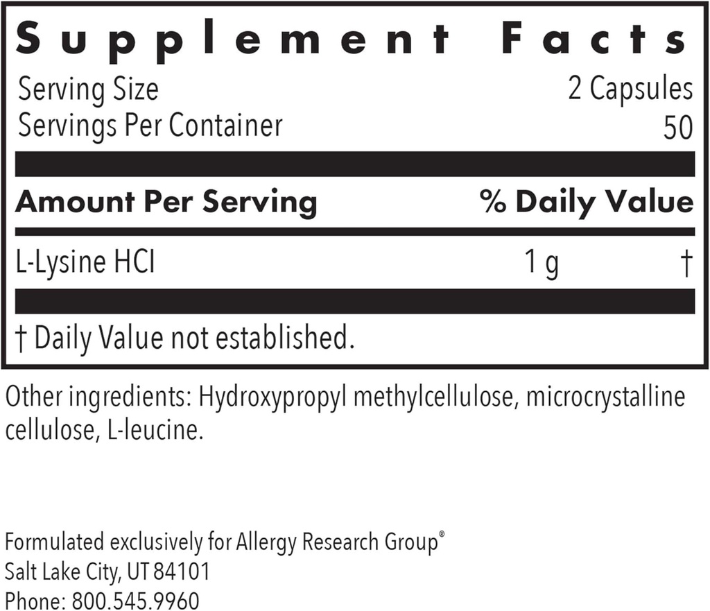 Allergy Research Group L-Lysine - Immune Support, L-Lysine HCI, Free Form Amino Acid, 500mg Supplement, Pure, Organic, Vegetarian Capsules - 100 Count 3