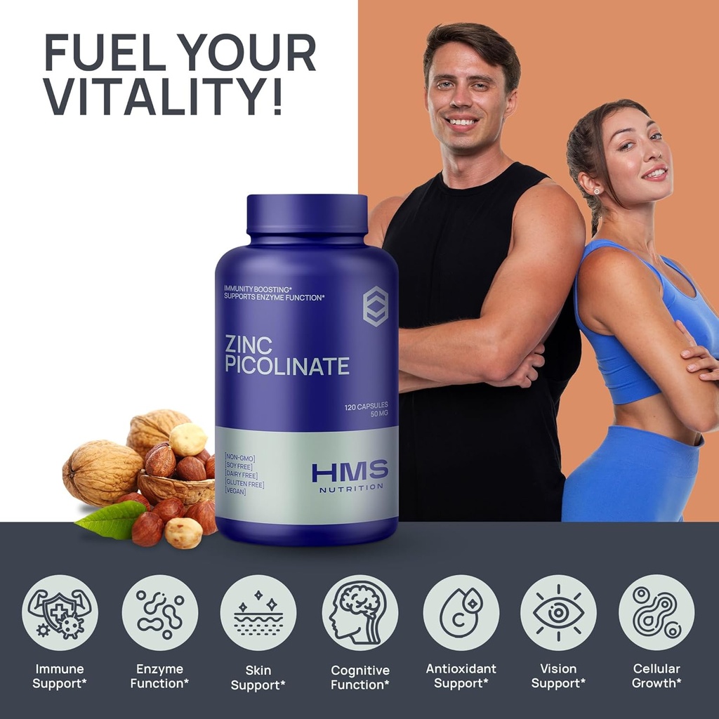 Zinc Picolinate 50mg Vegan Capsules - Highly Absorbable (Chelated) Immune Support Supplement for Men and Women -120 Capules, 4 Month Supply 6