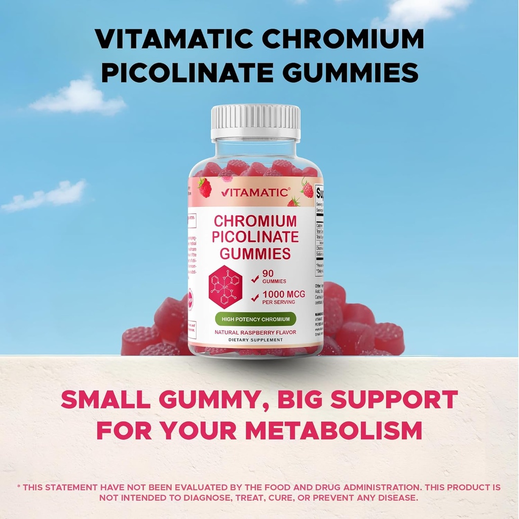 Vitamatic Chromium Picolinate 1000 mcg - 90 Gummies - High Potency Chromium - Raspberry Flavor (Total 180 Gummies) 2 Packs 5