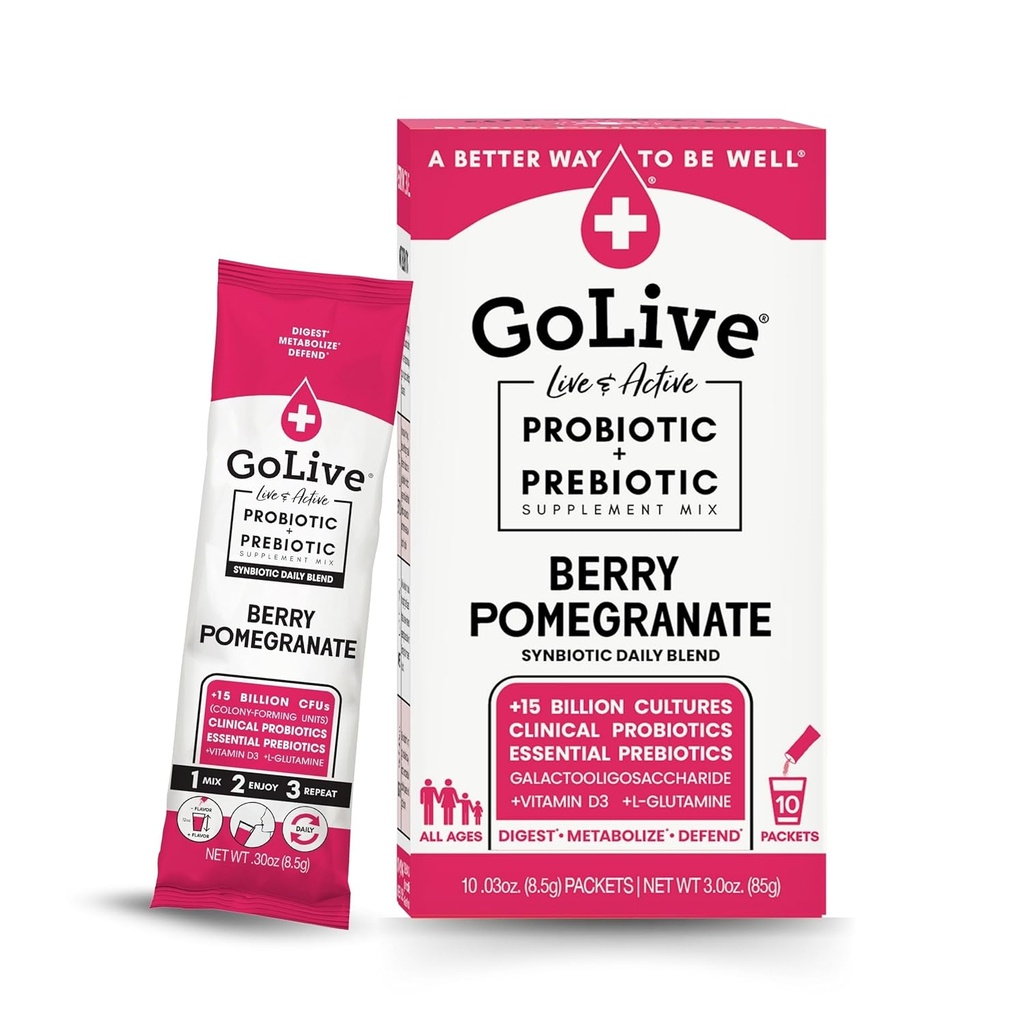 GoLive Prebiotic and Probiotic for Women, Men, Kids. Berry Pomegranate Synbiotic Powder w/ L-Glutamine, Vitamin D3, Electrolytes. For Gut Health, Digestion, Metabolism, Immunity 15-50B CFUs. 2