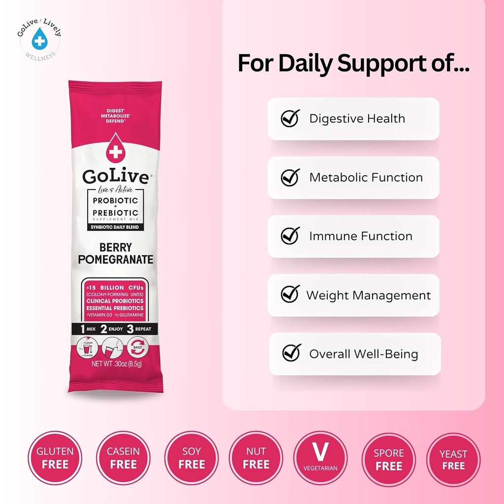 GoLive Prebiotic and Probiotic for Women, Men, Kids. Berry Pomegranate Synbiotic Powder w/ L-Glutamine, Vitamin D3, Electrolytes. For Gut Health, Digestion, Metabolism, Immunity 15-50B CFUs. 4