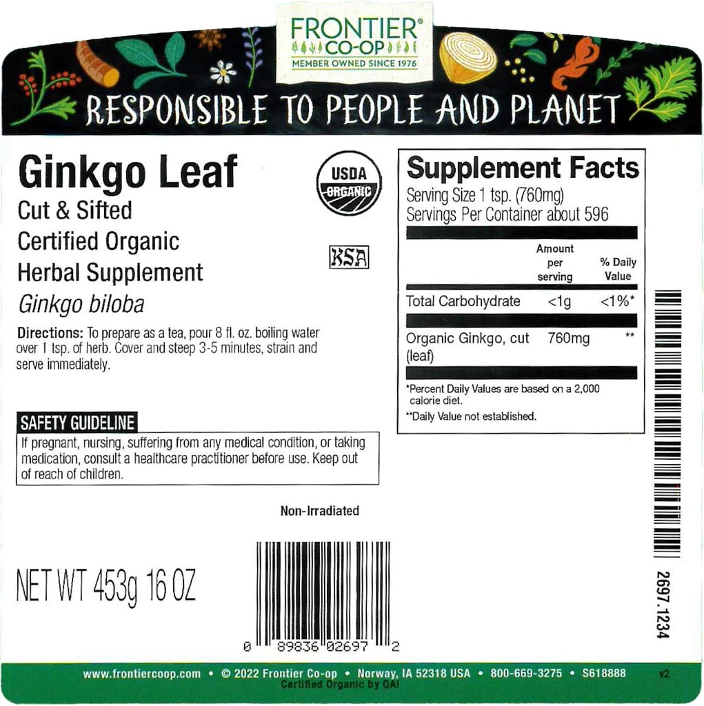 Frontier Co-op Organic Ginkgo Leaf, 1lb Bulk Bag, Cut and Sifted | Dried Ginkgo Biloba Leaf | Ideal for Tea and Herbal Uses, Kosher 3