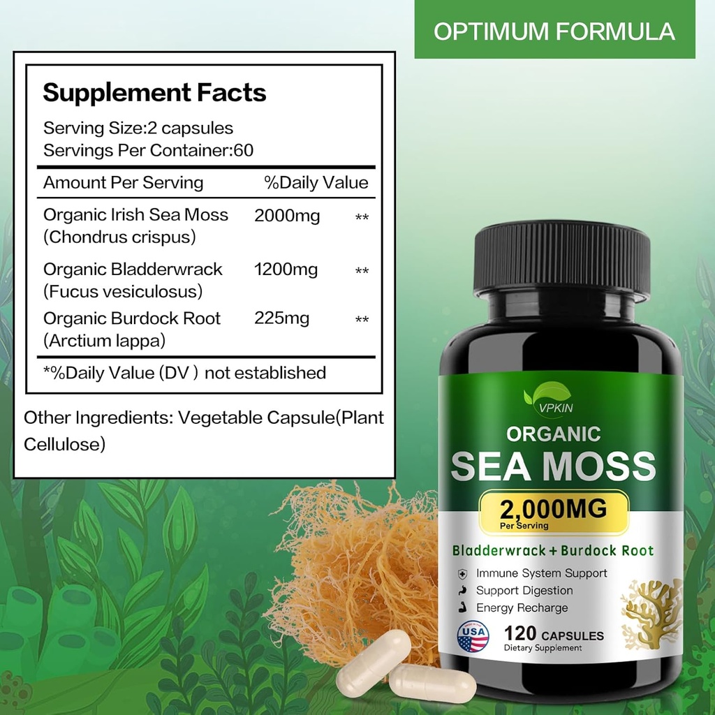 Organic Sea Moss Capsules with Bladderwrack,Burdock Root and Black Pepper Extract-Irish SeaMoss Pills 2000mg-Promotes Immune System,Thyroid Support(120 Capsules) 4