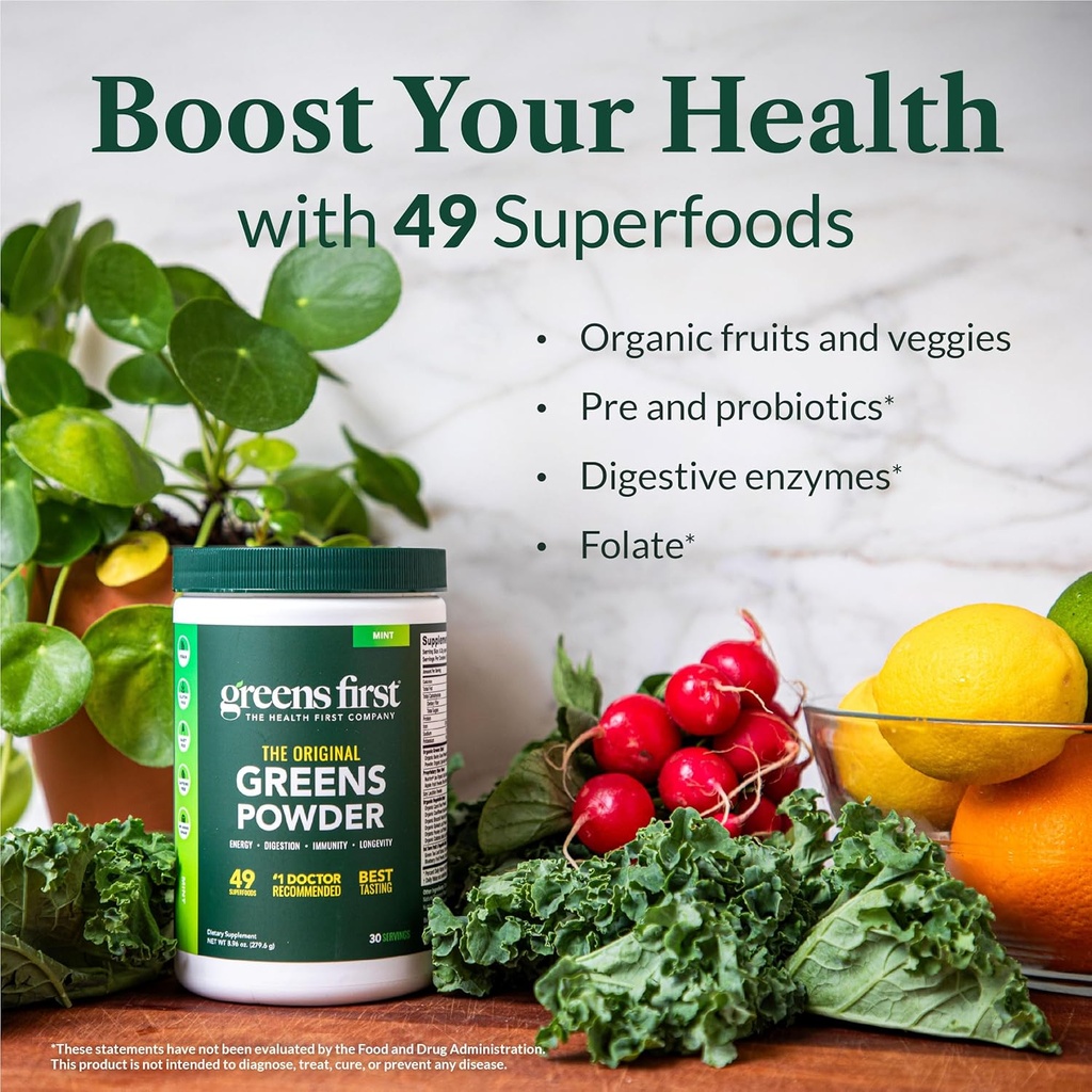 Greens First Original Greens Powder - 49 Superfoods - Organic Fruits & Veggies - Prebiotics, Probiotics & Digestive Enzymes - Antioxidant Smoothie - Dairy Free, Vegan & Non-GMO (Mint, 60 Servings) 4