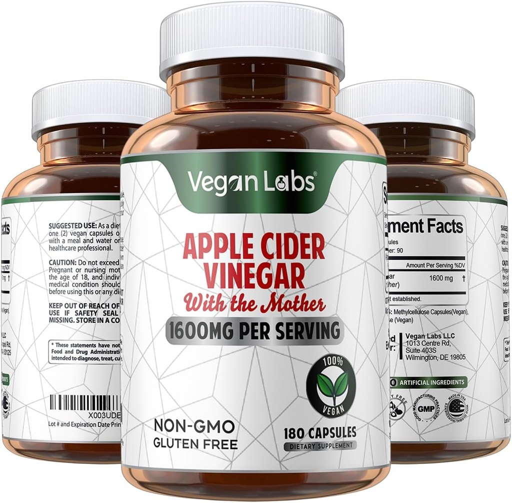 Vegan Labs Apple Cider Vinegar Capsules with The Mother- 180 Vegan Capsules, 1600MG Per Serving- 100% Natural ACV Pills- Supports Healthy Digestion, Keto, Weight Management, Detox, and Immune System 2