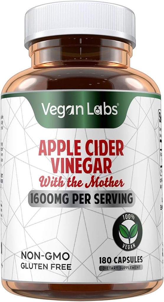 Vegan Labs Apple Cider Vinegar Capsules with The Mother- 180 Vegan Capsules, 1600MG Per Serving- 100% Natural ACV Pills- Supports Healthy Digestion, Keto, Weight Management, Detox, and Immune System 3