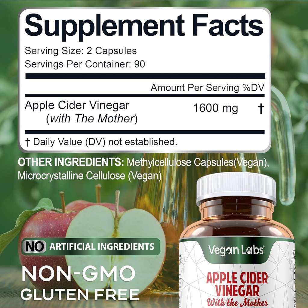 Vegan Labs Apple Cider Vinegar Capsules with The Mother- 180 Vegan Capsules, 1600MG Per Serving- 100% Natural ACV Pills- Supports Healthy Digestion, Keto, Weight Management, Detox, and Immune System 6