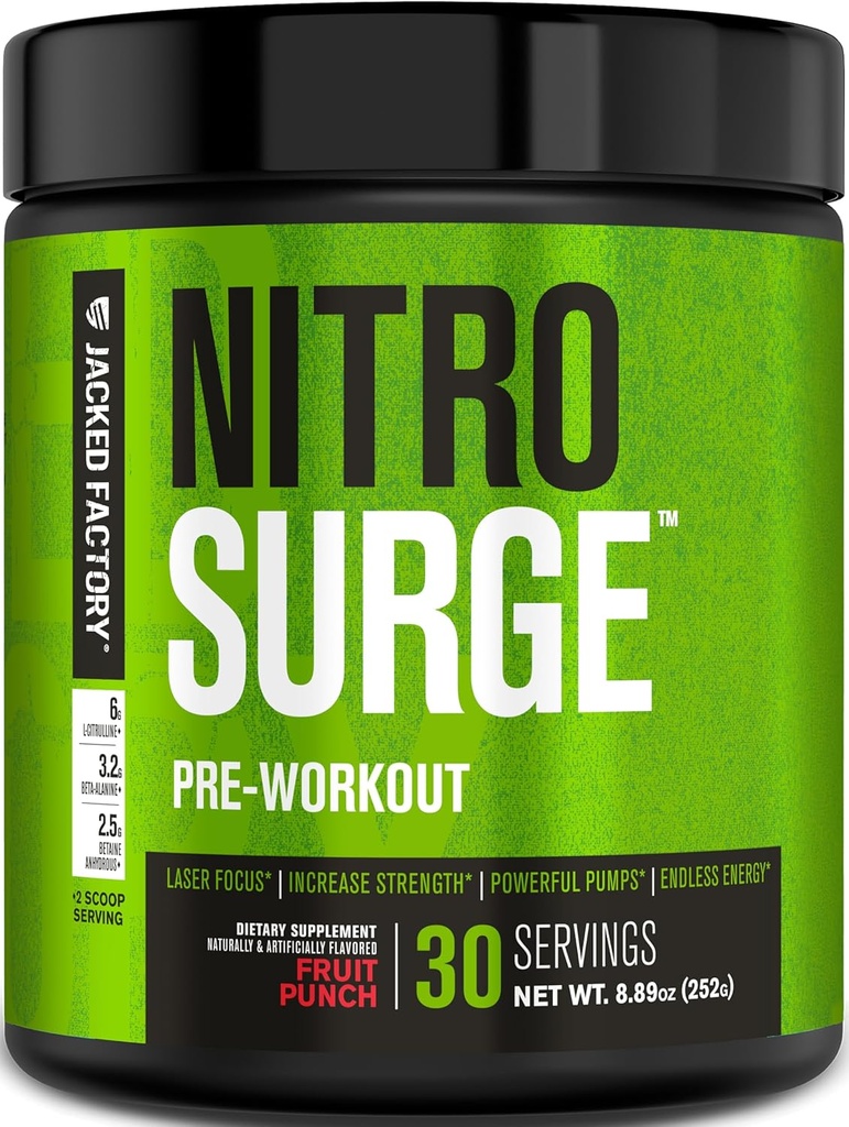 Jacked Factory NITROSURGE Pre Workout Supplement - Endless Energy, Instant Strength Gains, Clear Focus & Intense Pumps - NO Booster & Powerful Preworkout Energy Powder - 30 Servings, Fruit Punch 2