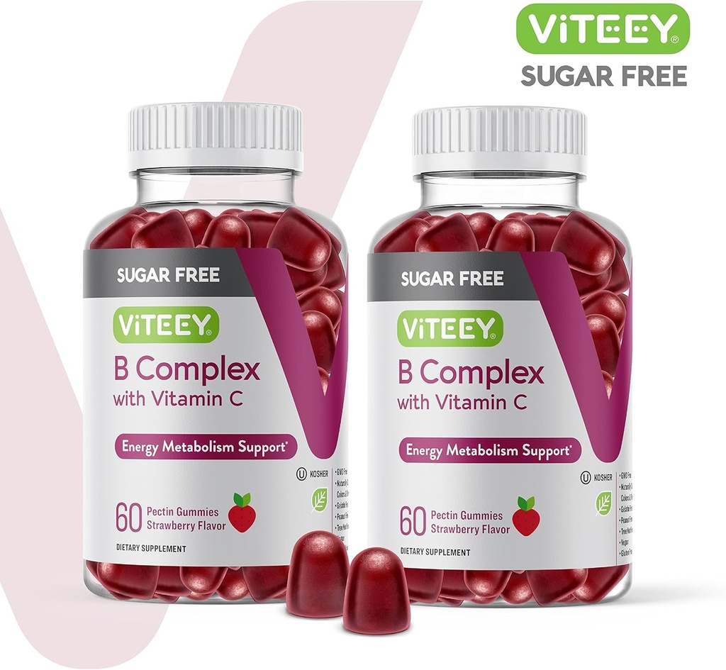 VITEEY Vitamin B Complex Gummies with Vitamin C, Sugar Free - Energy, Metabolism & Nerve Health - B6, B12, Folic Acid, Biotin - Vegan, Gelatin Free, GMO Free - Tasty Chewable Strawberry Flavored Gummy 3