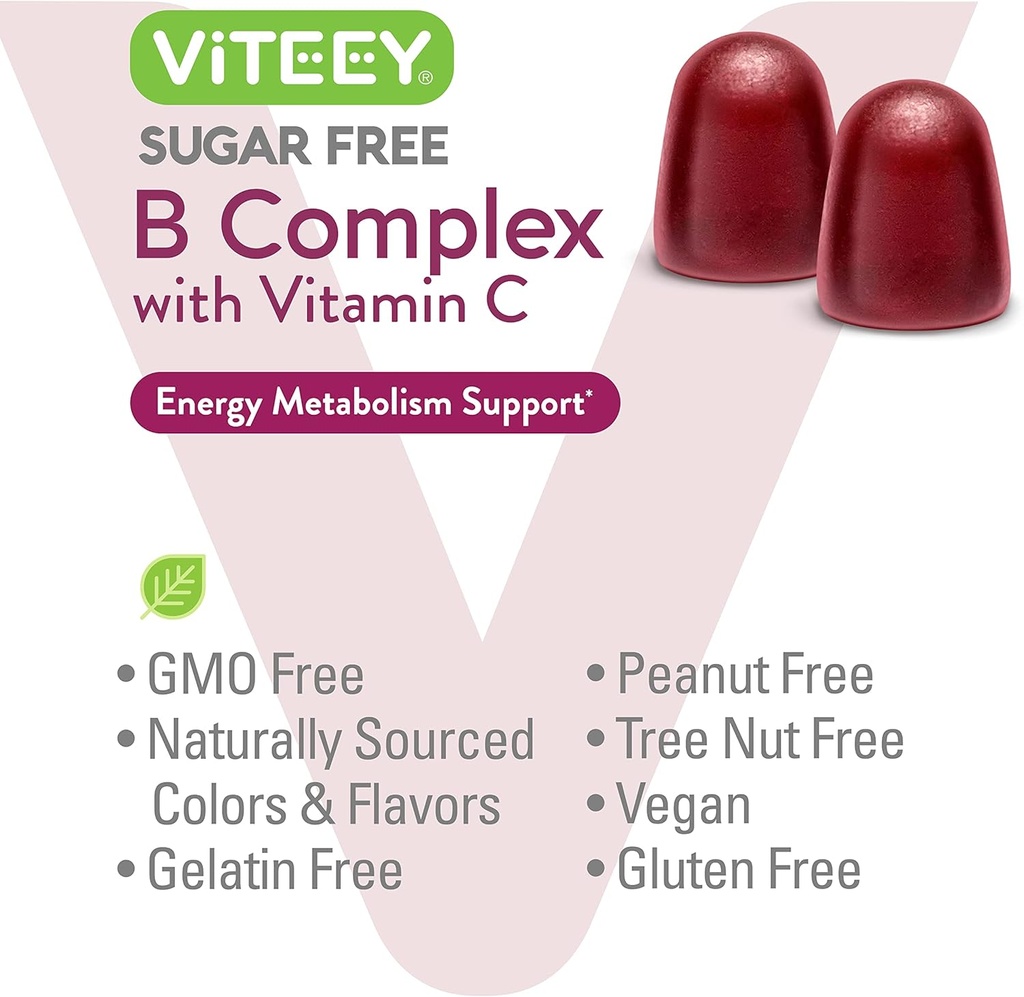 VITEEY Vitamin B Complex Gummies with Vitamin C, Sugar Free - Energy, Metabolism & Nerve Health - B6, B12, Folic Acid, Biotin - Vegan, Gelatin Free, GMO Free - Tasty Chewable Strawberry Flavored Gummy 6