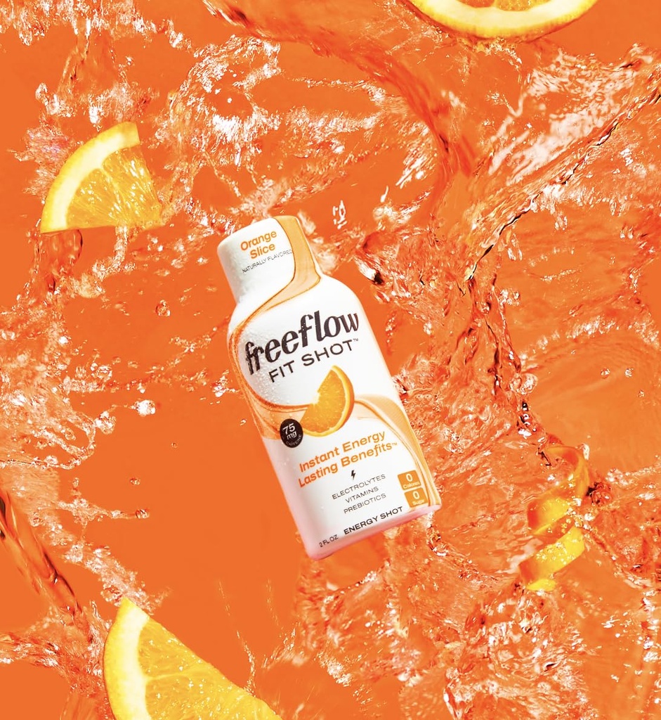 Freeflow Fit Energy Shots, Orange Slice, Natural Caffeine Boost with L-theanine, Ginseng, Vitamins, Prebiotics, Electrolytes (6 Count, 2oz Shots) 6