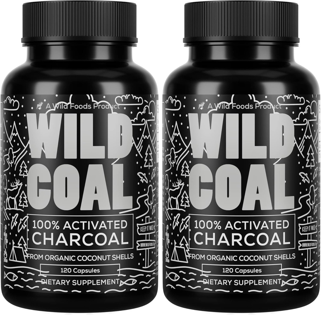 Wild Foods Activated Charcoal Capsules | 100% Organic Coconut Shells Active Tablets for Bloating Relief | Lab Tested & Non-GMO Detox Pills | USA (Two Bottles - 120 Capsules) 2