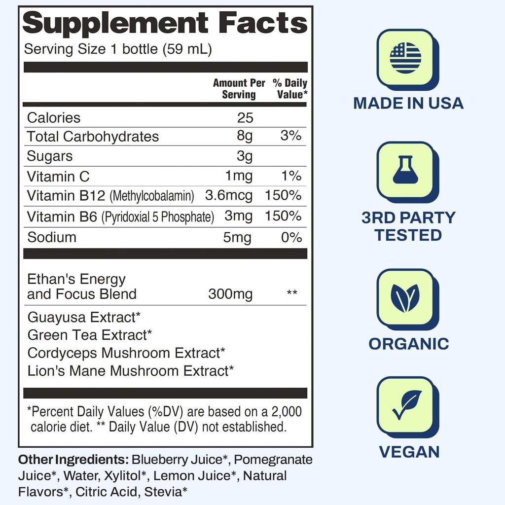 Ethan's Organic Clean Energy Shots Pomegranate Blueberry, Sugar Free Natural Pre-Workout Focus Boost, Gluten Free, Vegan, B6 & B12 Vitamin C with Green Tea Extract and Guayusa (2 Pack of 2oz Shots) 3