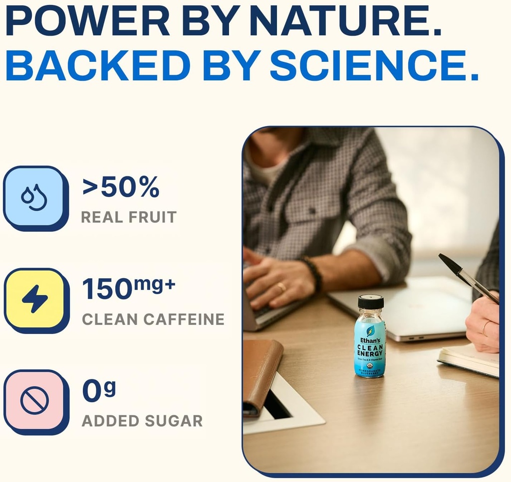 Ethan's Organic Clean Energy Shots Pomegranate Blueberry, Sugar Free Natural Pre-Workout Focus Boost, Gluten Free, Vegan, B6 & B12 Vitamin C with Green Tea Extract and Guayusa (2 Pack of 2oz Shots) 5