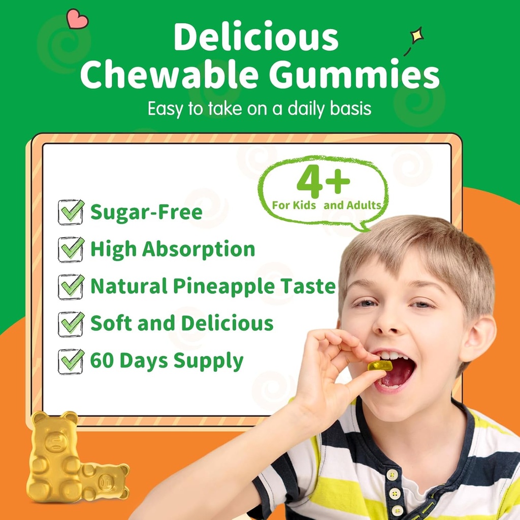 Magnesium Gummies for Kids - Magnesium Glycinate Gummies Supplement with L-Theanine, Vitamin B6, D3 for Adults & Kids, Calm Magnesium for Sleep, Relaxation, Brain, Bones,Sugar Free Pineapple 60ct 5