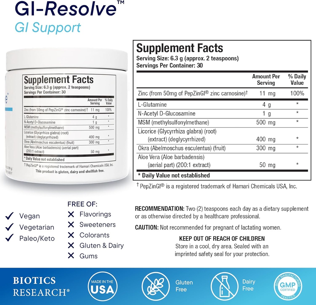 Biotics Research GI Resolve™ Advanced L-Glutamine Powder Formula for Gut Lining Support & Healing - Optimal Gastrointestinal Function - Premium 7-Ingredient with Zinc Carnosine & Botanicals- 6.7oz 3