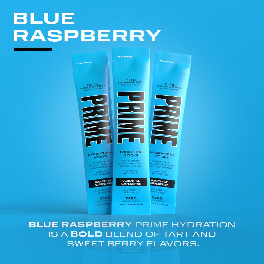 PRIME HYDRATION+ Sticks Blue Raspberry | Hydration Powder Single Serve Sticks | Electrolyte Powder On The Go | 250mg BCAAs, B Vitamins, Antioxidants | Low Sugar | Caffeine-Free | Vegan | 16 Sticks 5