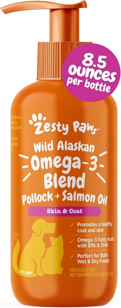 Zesty Paws Wild Alaskan Omega-3 Blend Pollock + Salmon Oil for Dogs and Cats- Skin and Coat Support, Omega 3 Supplement for Pets, 8.5oz 2