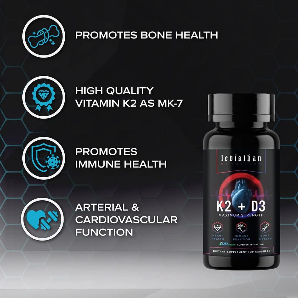 Leviathan Nutrition Vitamin D3 K2 2 in 1 Formula | 360mcg Vitamin K2 (MK7) + Vitamin D3 5000 IU Vegan Organic Extra Strength Vitamin Supplements - Support Heart, Teeth, Joint, and Bone Health 2