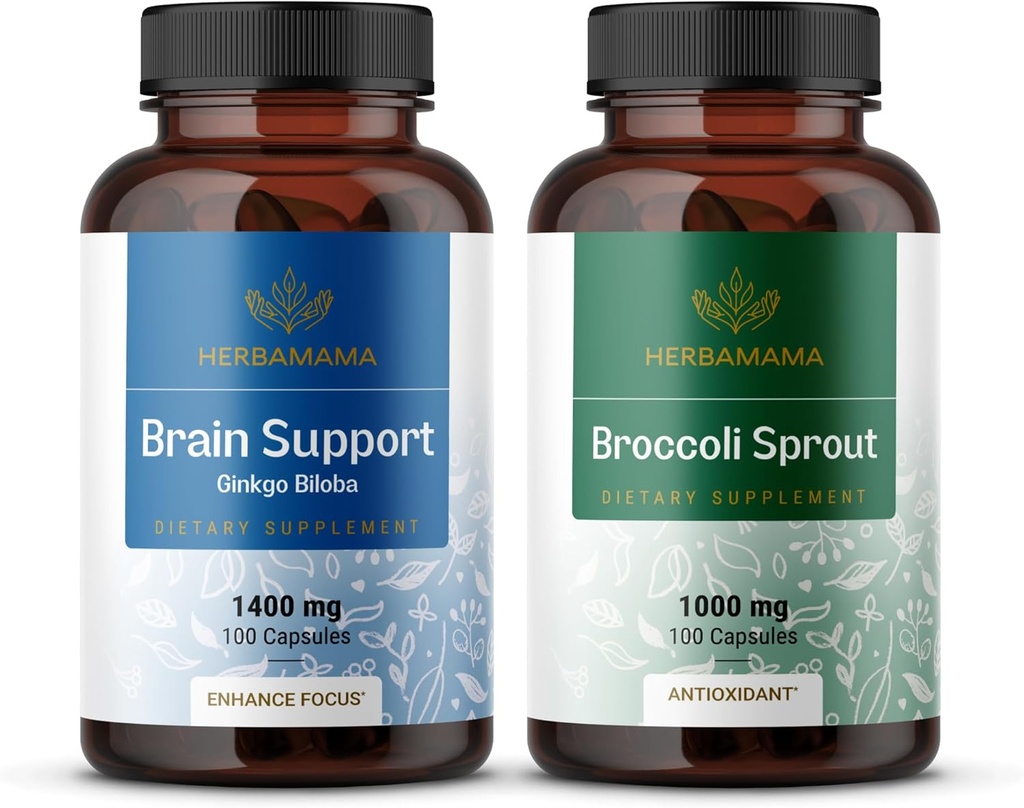 HERBAMAMA Brain Support & Broccoli Sprout Kit - Bundle of 1400 mg Brain Support Complex &1000 mg Broccoli Sprout Capsules - Vegan, Non-GMO, Gelatin-Free - 2 Pack 2