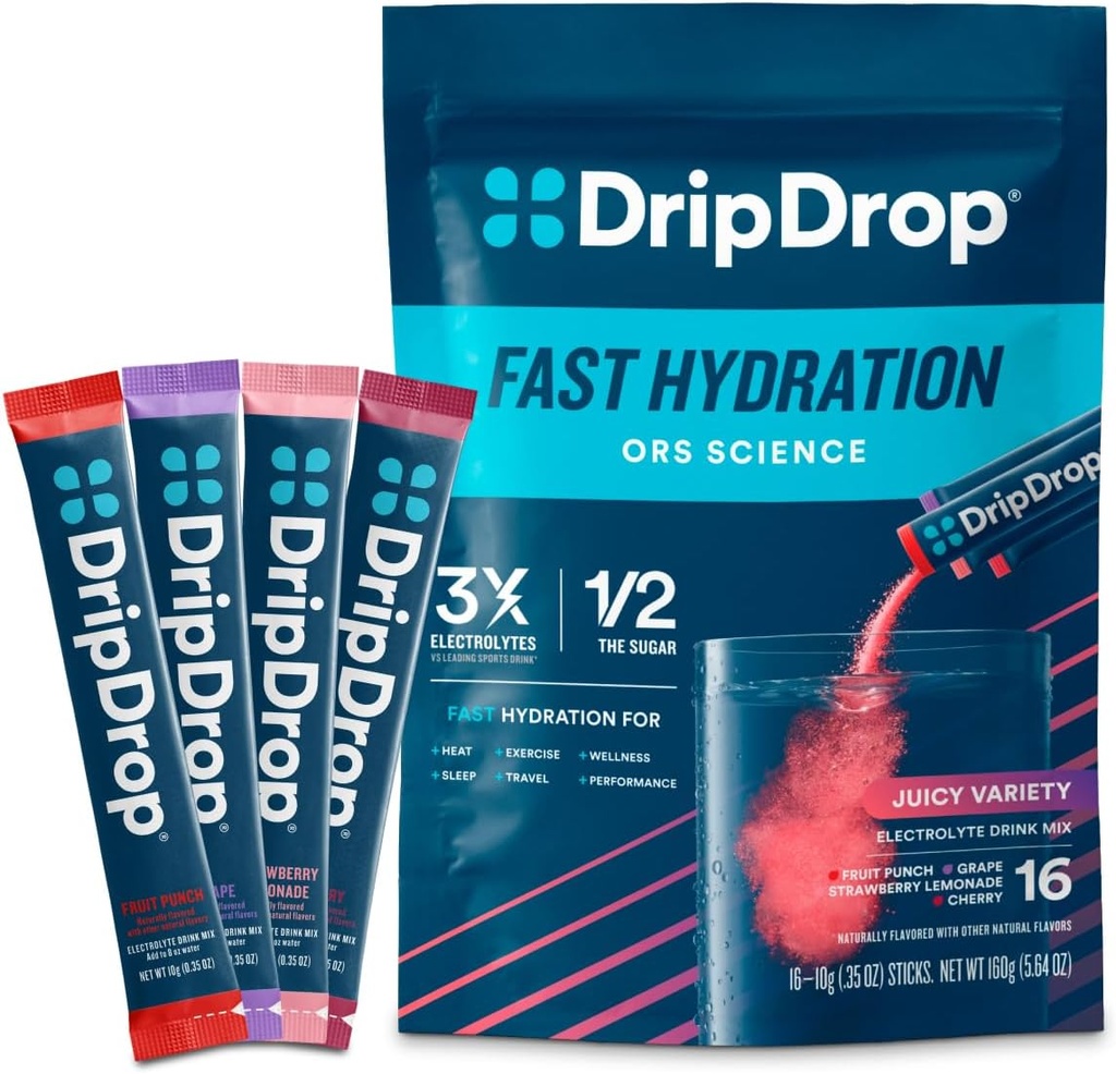 DripDrop Hydration Packets - Juicy Variety Pack - Single Serve Electrolytes Powder Drink Mix - Grape, Fruit Punch, Strawberry Lemonade, Cherry - Non-GMO, Gluten Free, Vegan - 16 Sticks 2
