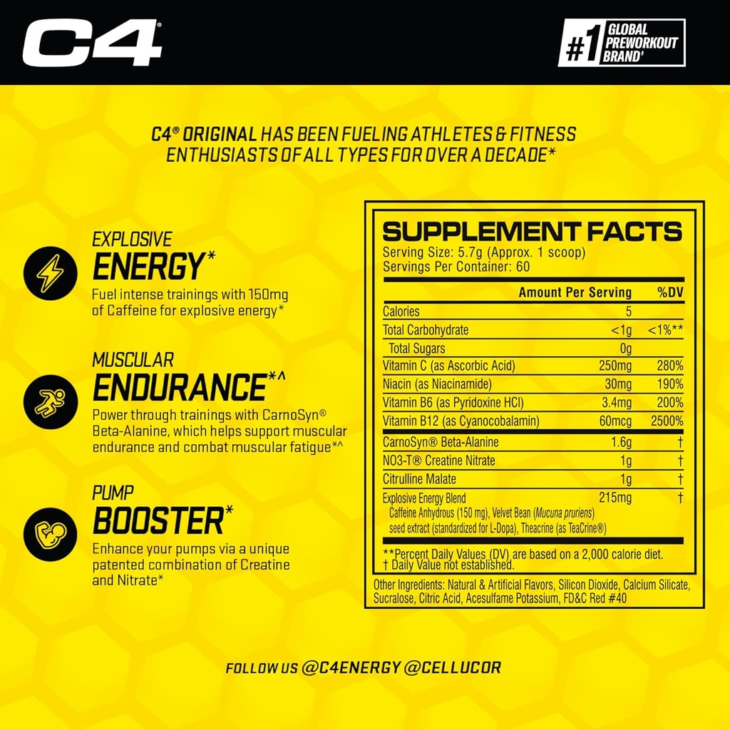 Cellucor C4 Original Pre Workout Powder Strawberry Margarita | Vitamin C for Immune Support | Sugar Free Preworkout Energy for Men & Women | 150mg Caffeine + Beta Alanine + Creatine | 60 Servings 4