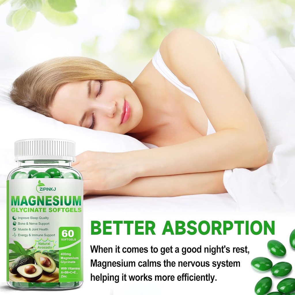 Magnesium Glycinate 400mg, High Absorption Magnesium Supplements Softgels with Vitamin E, B6, Zinc for Sleep, Calm, Muscle Relaxation & Bone Health, Gluten-Free, Non-GMO, 60 softgels 6