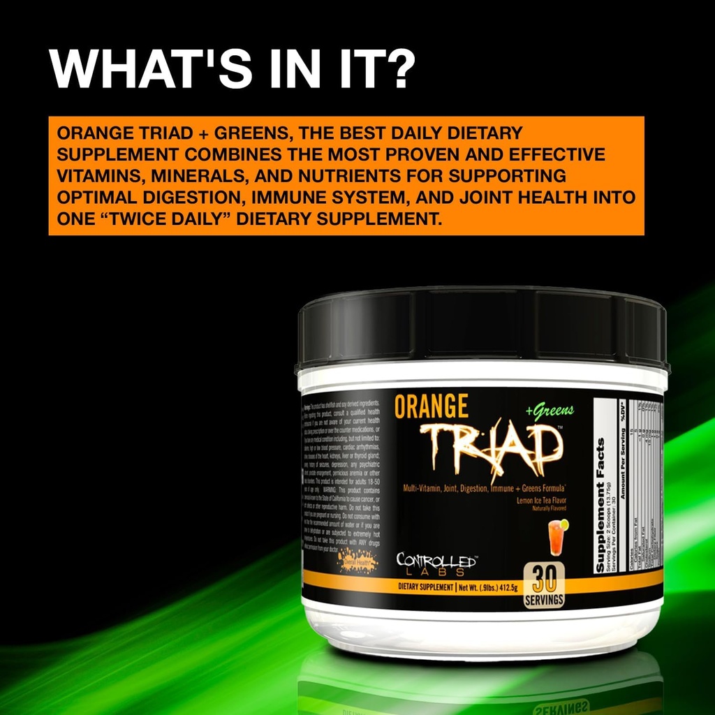 CONTROLLED LABS Orange Triad Plus Greens for Men and Women, 30 Servings Iron Free Sports Supplement for Overall Health, Multivitamin, Digestion, Immune System, and Joint Health 5