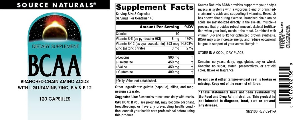 Source Naturals BCAA Branched-Chain Amino Acids with L-Glutamine, Zinc, B-6 and B-12, Provides Supports The Body’s Muscular Systems* - 120 Capsules 5