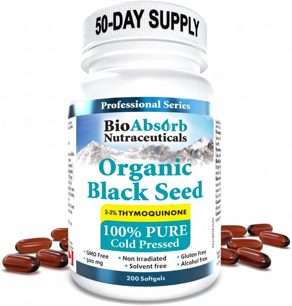 Bio Absorb Black Seed Oil Cold Pressed Capsules. 200 softgels, 500mg (50-Day Supply). No Aftertaste. 2
